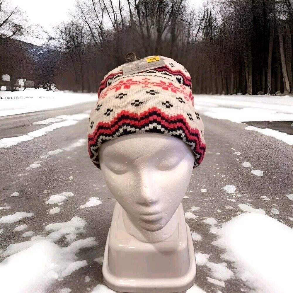 Ladies‎ Patterned Cuffed Beanie Pink White Black Snowflake Fair Isle Knit Hat